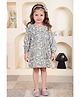 Polka Tots Cotton Woven Full Puffed Sleeves Frill Detailed & Owl Printed Dress With Coordinating Headband Set - Black