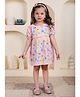 Polka Tots Cotton Woven Half Puffed Sleeves Frill Detailed & Floral Printed Dress With Coordinating Headband Set - Pink