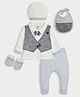 Mi Arcus 100% Cotton Full Sleeves Check Textured Shirt & Pant With Cap Mittens & Bib Set - Cream & Grey