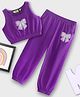 Tiara Pure Cotton Sleeveless Bow Patch Detailed Beads & Pearls Embellished Coordinating Crop Top & Joggers Set - Purple