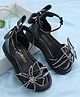 Babyoye Velcro Closure Sandals With Butterfly Bow & Floral Applique - Black