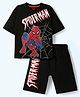 Pine Kids Marvel Single Jersey Knit Half Drop Shoulder Sleeves T-Shirt & Shorts Set With Spider-Man Graphics - Black