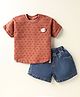 Little Kangaroos Cotton Knit Half Sleeves Schiffli T-Shirt & Shorts Set & Applique - Brown & Blue