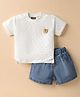 Little Kangaroos Cotton Knit Half Sleeves Schiffli T-Shirt & Shorts Set & Applique - White & Blue