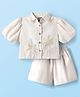 Little Kangaroos Cotton Woven Half Puffed Sleeves Collared Top & Shorts Set with Coconut Tree Embroidery - White