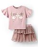 Little Kangaroos Cotton Woven Half Sleeves Top & Skirt Set With Butterfly Print & Applique - Purple