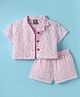 Little Kangaroos Cotton Woven Half Sleeves Front Open Top & Shorts Co-Ord Set With Schiffli Design & Inner Tee - Pink