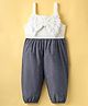 Little Kangaroos Cotton Knit Sleeveless Jumpsuit With Polka Dot & Bow Applique - White & Navy Blue