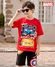 Pine Kids Marvel Single Jersey Knit Half Sleeves Drop Shoulder T-Shirt & Short Set With Avengers Graphics Red & Black
