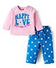 Doodle Poodle Single Jersey Knit Full Sleeves   Nightsuit  With Happy Love & Floral & Text Print - Pink & Blue