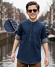 Pine Kids Woven Full Sleeves Washed Mandarin Collar Kurta Style Denim Shirt - Navy Blue