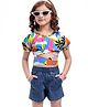 OLLINGTON ST. Cotton Knit Half Sleeves Floral Printed Top & Denim Shorts - White Pink & Indigo