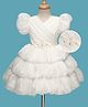 Mark & Mia Woven Half Puffed Sleeves Solid Color Layered Party Dress with Floral Applique - White