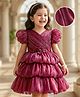 Mark & Mia Woven Half Puffed Sleeves Solid Color Layered Party Dress with Floral Applique - Maroon