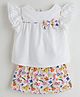 One Friday Cotton Flutter Sleeves Floral Printed Bow Applique & Lace Detailed Top & Skirt Set - Multi Colour