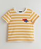 One Friday Cotton Half Sleeves Dinosaur Embroidered Striped Tee - Yellow