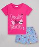 Sheer Love Cotton Jersey Half Sleeves Cupcake & Typography Printed Night Suit Set - Fuschia