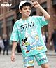 Pine Kids Disney Single Jersey Knit Half Drop Shoulder Sleeves Oversized T-Shirt & Shorts Set With Mickey Mouse & Family Graphics & Tie & Dye Print - Aqua Blue