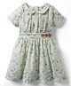 melon Cotton Woven Half Sleeves Peter Pan Collar Frock With Floral Print - Aqua Blue