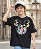 Pine Kids Disney Single Jersey Knit Half Drop Shoulder Sleeves T-Shirt With Mickey Mouse & Family Graphics - Black