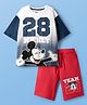 Pine Kids Disney Single Jersey Knit Half Drop Shoulder Sleeves T-Shirt & Shorts Set With Mickey Mouse & Family Graphics - White & Red