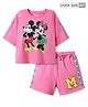 Pine Kids Disney Single Jersey Knit Half Drop Shoulder Sleeves Oversized T-Shirt & Cut & Sew Shorts Set With Minnie Mouse & Family Graphics - Pink