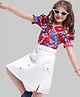 Ollington St. Cotton Poplin Floral Printed Half Sleeves Front Open Top & Cotton Lycra Woven Skirt Set - Red & White