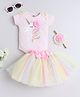 TINY MINY MEE Elastane Half Sleeves Polka Dots Glitter & Unicorn Printed Floral Applique Detailed Onesie & Skirt With Headband Set - Pink