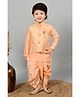 BT DEZINES Full Sleeves Damask Brocade Kurta Dhoti Set With Waistcoat - Peach