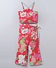 Taffykids Viscose Sleeveless Floral Printed Chain Detailed Coordinating Crop Top & Wrap Style Pant Set - Coral Red & Multi Colour