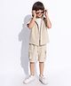 Taffykids Jacquard Half Sleeves Coordinating Textured Shirt With Attached Tee & Cargo Roll Up Shorts Set - Beige & White