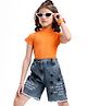 Ollington St. Cotton Lycra Rib Half Sleeves Top with Print & Stretchable Denim Shorts Set - Orange & Blue