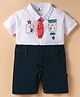 Mini Taurus Cotton Knit Half Sleeves Rompers With Tie Applique - Navy Blue & White
