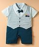 Mini Taurus Cotton Knit Half Sleeves Striped Romper With Baby Boss Embroidery & Bow Applique - Aqua Blue