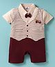 Mini Taurus Cotton Knit Half Sleeves Striped Romper With Baby Boss Embroidery & Bow Applique - Maroon