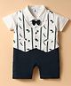 Mini Taurus Cotton Knit Half Sleeves Striped & Printed Romper With Bow Applique - White & Navy Blue