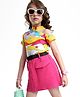 OLLINGTON ST. Cotton Floral Printed Half Sleeves Top & Skirt with Belt - Neon Pink