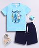 Little Ninja Cotton Half Sleeves Surfing Text Printed Tee & Shorts Set - Light & Navy Blue