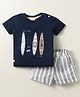 Ollypop Sinker Knit Half Sleeves T-Shirt & Shorts Set With Surfboard Print & Embroidery - Navy Blue