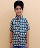The Mom Store Cotton Half Sleeves Elephants Printed Shirt - Teal Blue