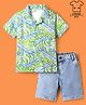 Ollington St. Cotton Jungle Print Half Sleeves Shirt & Denim Shorts - Light Blue & Green