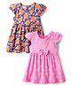 Babyhug Single Jersey Knit Cap Sleeves Floral & Fruit Printed Frocks With Bow Applique Pack of 2 - Pink & Violet