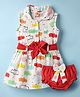 Dew Drops Cotton Woven Peter Pan Collared Sleeveless Frock & Belt With Bloomer Animal Print - White