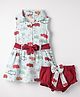 Dew Drops Cotton Woven Peter Pan Collared Sleeveless Frock & Belt With Bloomer Floral Print - Aqua