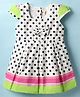 Dew Drops Cotton Woven Cap Sleeves Frock With Polka Dot Print & Bow Applique - White