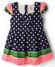 Dew Drops Cotton Woven Cap Sleeves Frock With Polka Dot Print & Bow Applique - Navy Blue