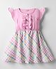 Dew Drops Cotton Woven Frill Sleeves Checks Frock With Button Applique - Pink