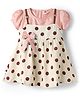 Dew Drops Cotton Woven Half Sleeves Frock With Polka Dot Print & Bow Applique - Cream & Peach