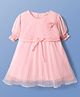 Dew Drops Cotton Woven Half Sleeves Frock with Floral Print Applique - Pink