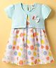 Dew Drops Cotton Knit Half Sleeves Frock with Fruits Print & Bow Applique - Aqua Blue